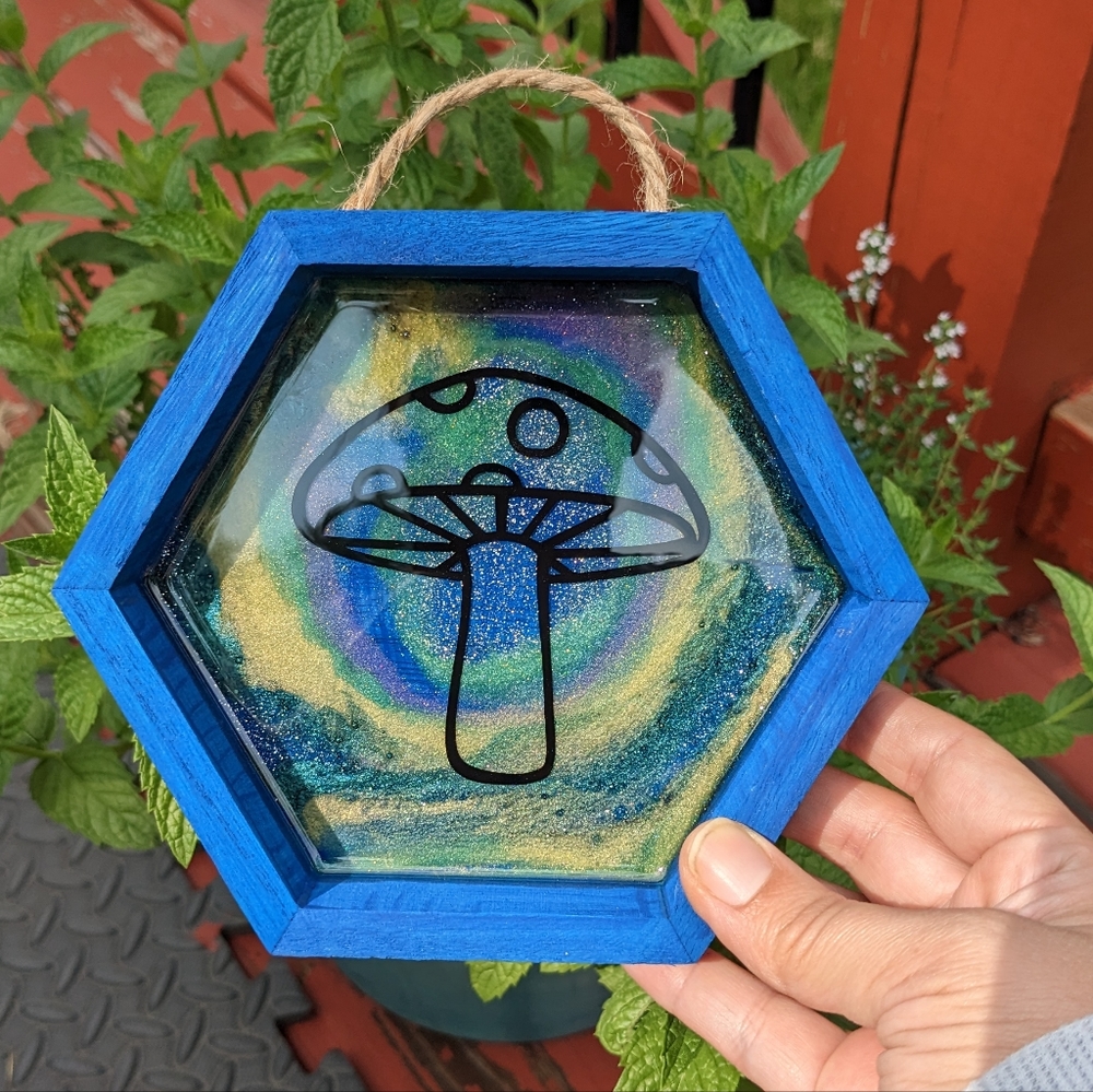 Mushroom Wall Hanging Blue Wood Shadowbox Art Handmade Nature Cottagecore - Picture 3 of 11